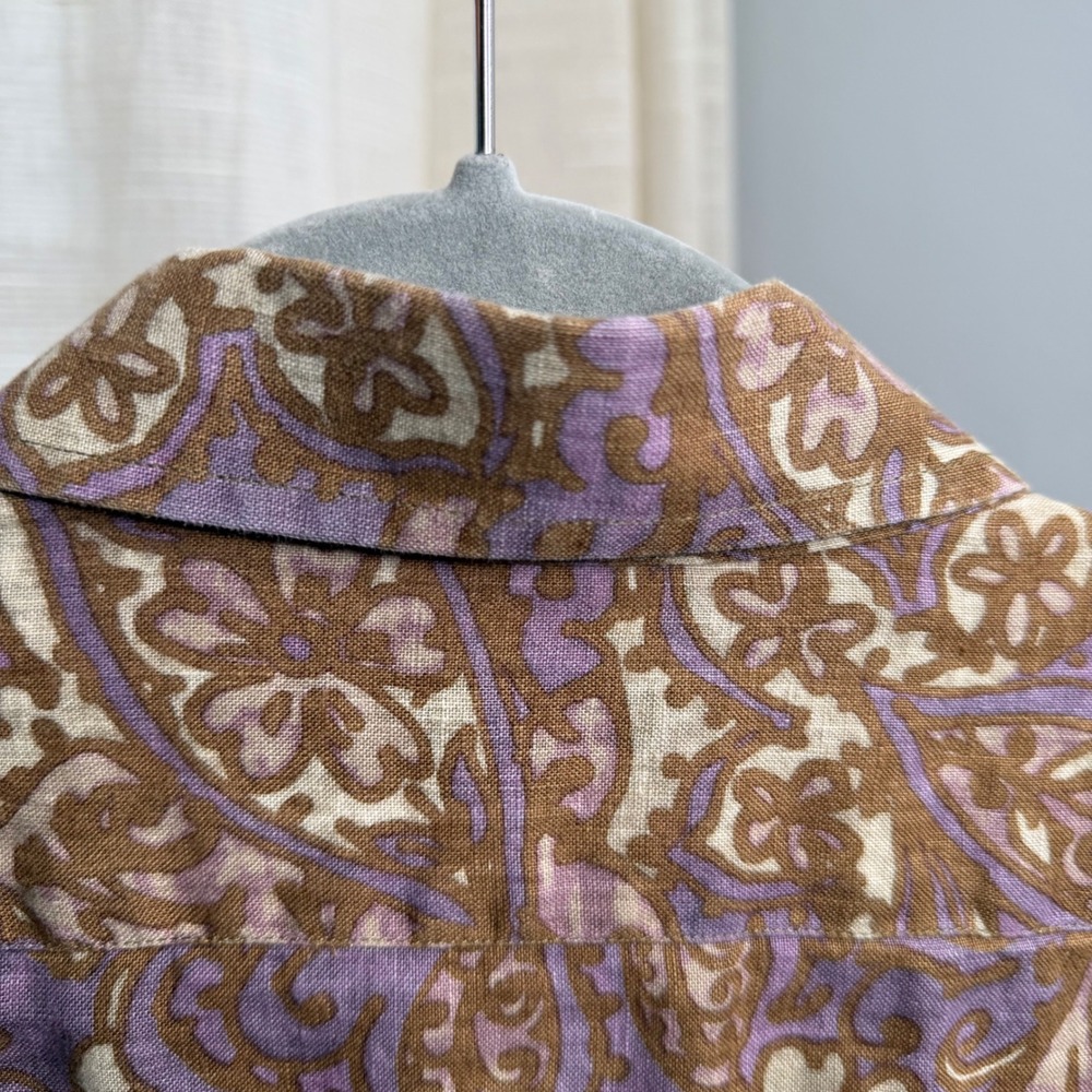 Luciano Barbera 100% Linen Button Down Shirt Purple Brown Paisley Italy LARGE - Picture 7 of 10